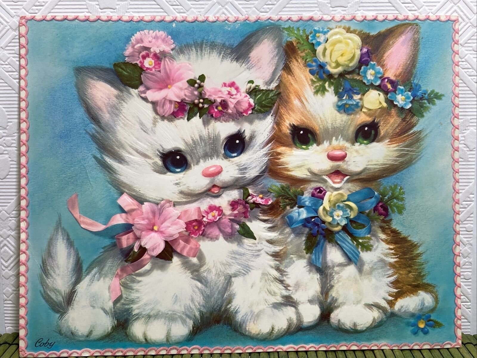 Vintage The Pet Set Coby Large Embossed Greeting Card Kittens Flower Headbands