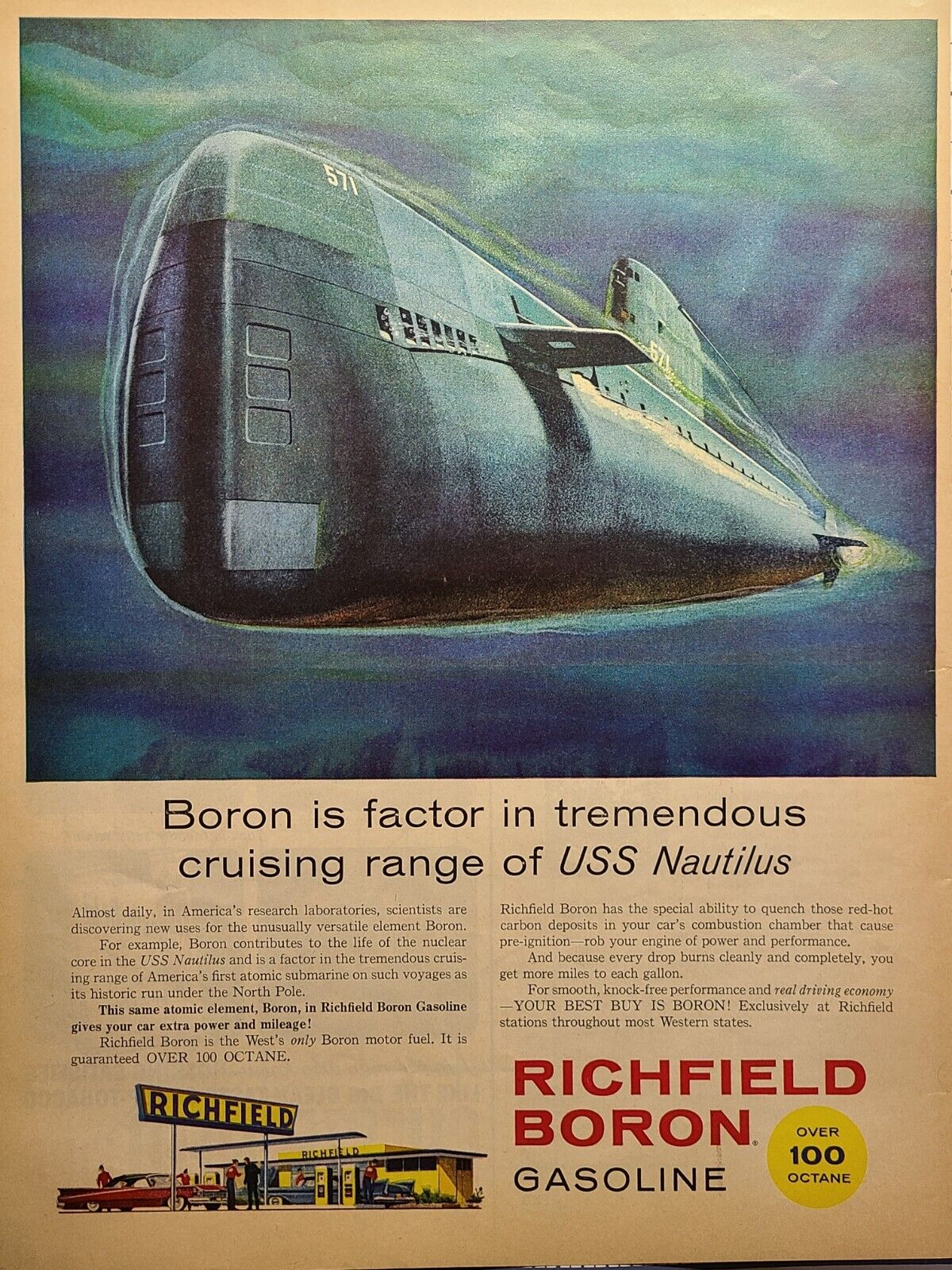 Richfield Boron Gasoline USS Nautilus SSN-571 Submarine 1959 Vintage Print Ad