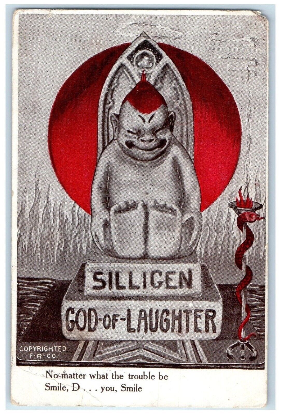 c1910's Silligen God Of Laughter Snake Embossed Bassett Iowa IA Antique Postcard