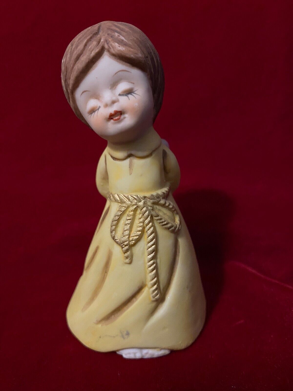 Jasco Merri-Bells Porcelain Ceramic Bell Vtg 78 Girl Angel Yellow Dress