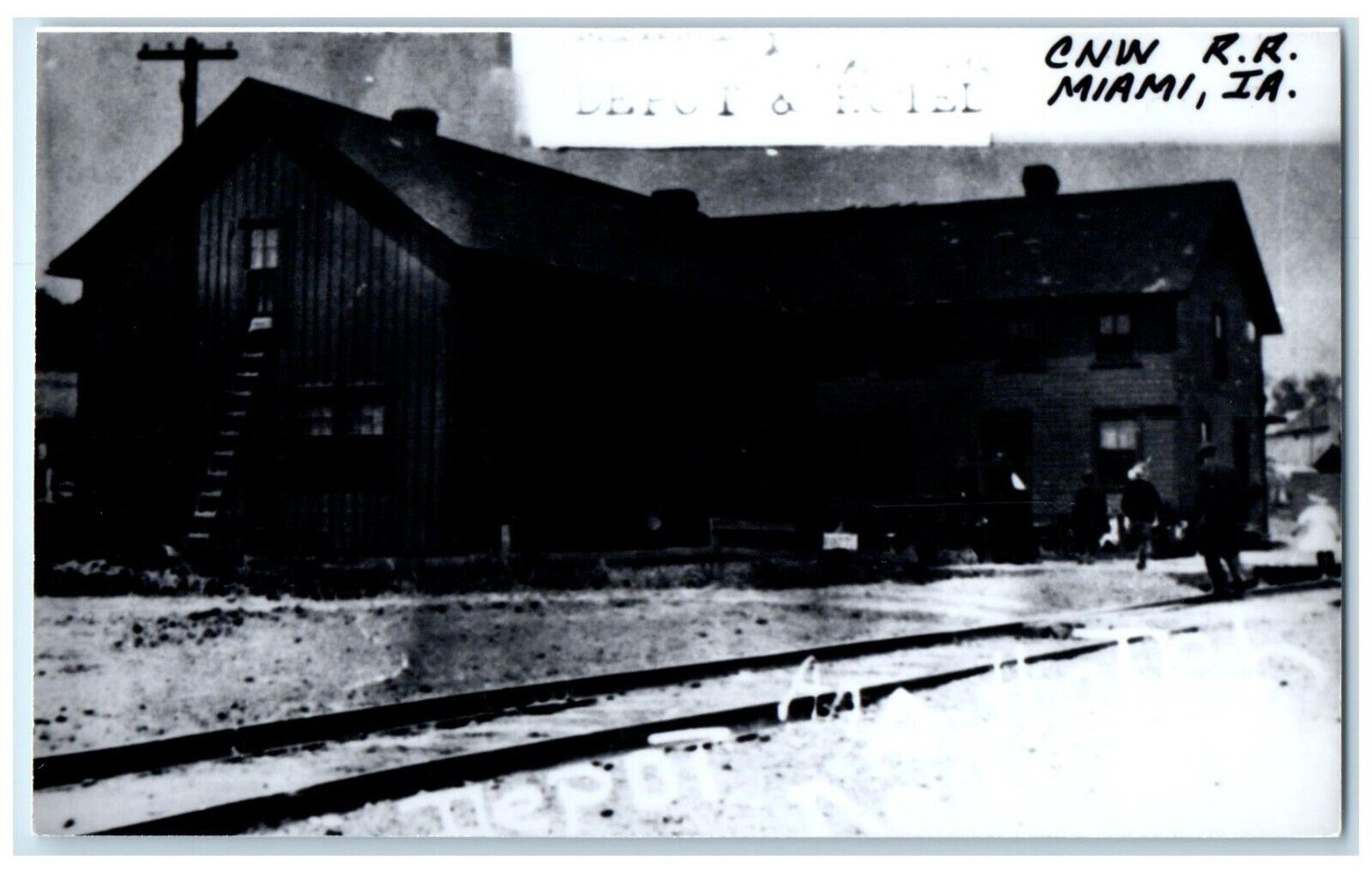 c1960 CBW RR Miami Iowa Vintage Antique Train Depot Station RPPC Photo Postcard