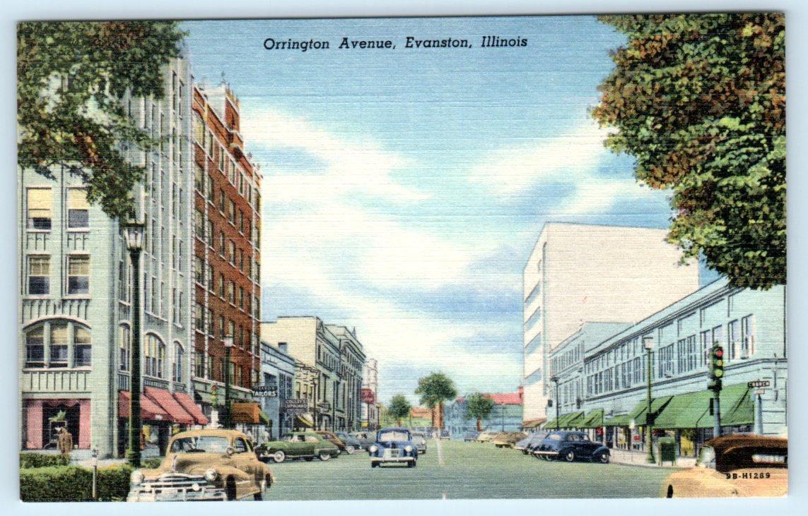 EVANSTON, Illinois IL ~ ORRINGTON AVENUE Street Scene 1940s Cook County Postcard