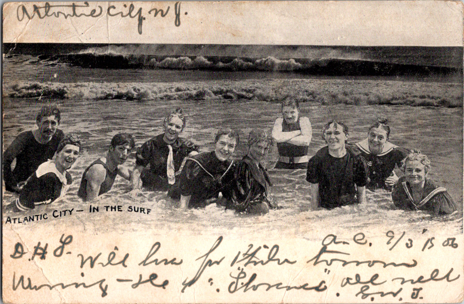 1906 Atlantic City Group Swimming Beach Surf New Jersey NJ Postcard Ocean Waves