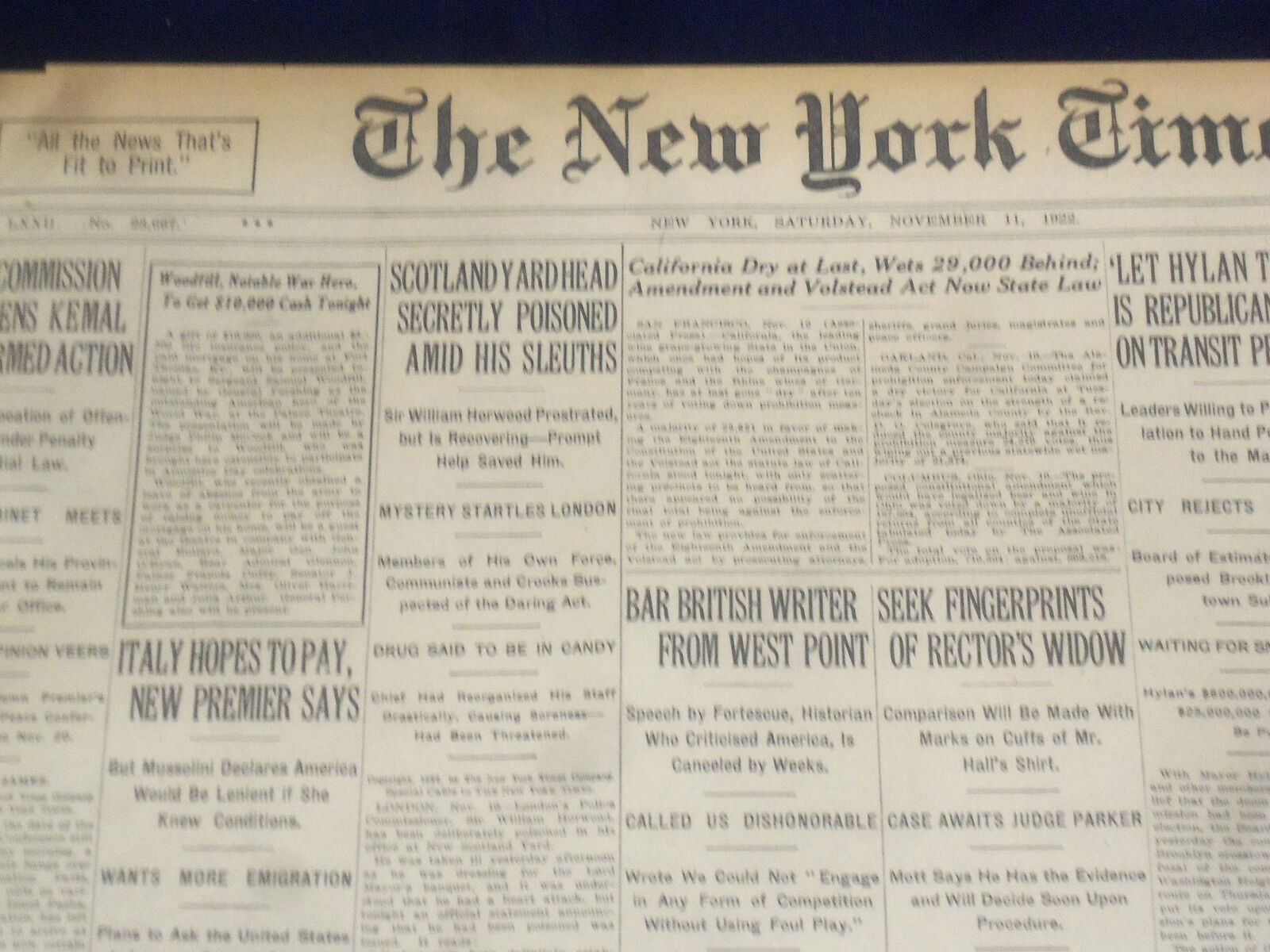 1922 NOVEMBER 11 NEW YORK TIMES - SCOTLAND YARD HEAD SECRETLY POISONED - NT 8423