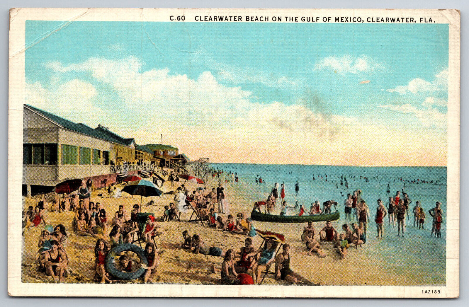 Vintage Postcard FL Cleaerwater Beach Sunbathers Boat Kids Shoreline