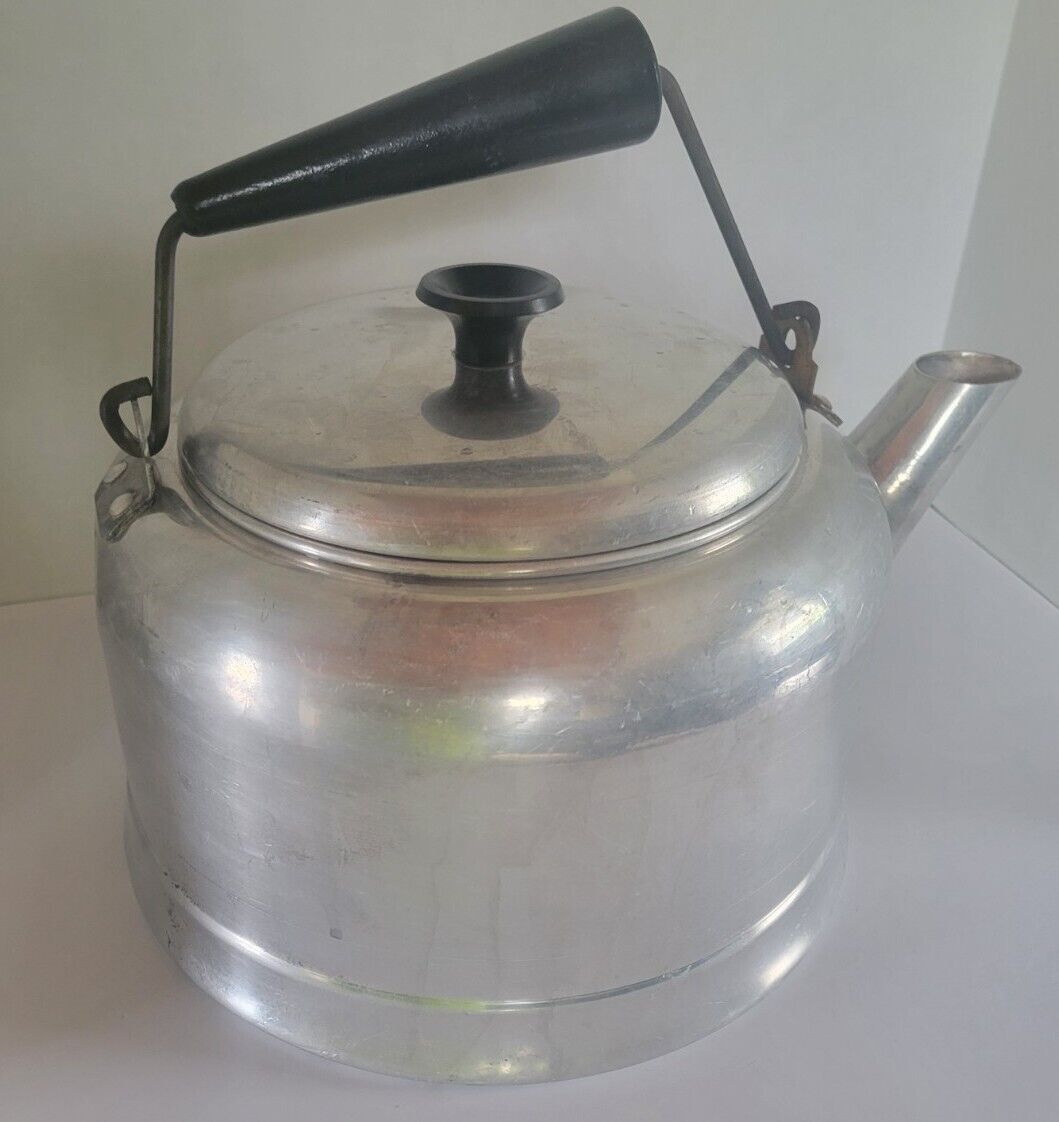 Vintage COMET Silver Metal Large Gallon Round Tea/Coffee Kettle W/ Black Handle