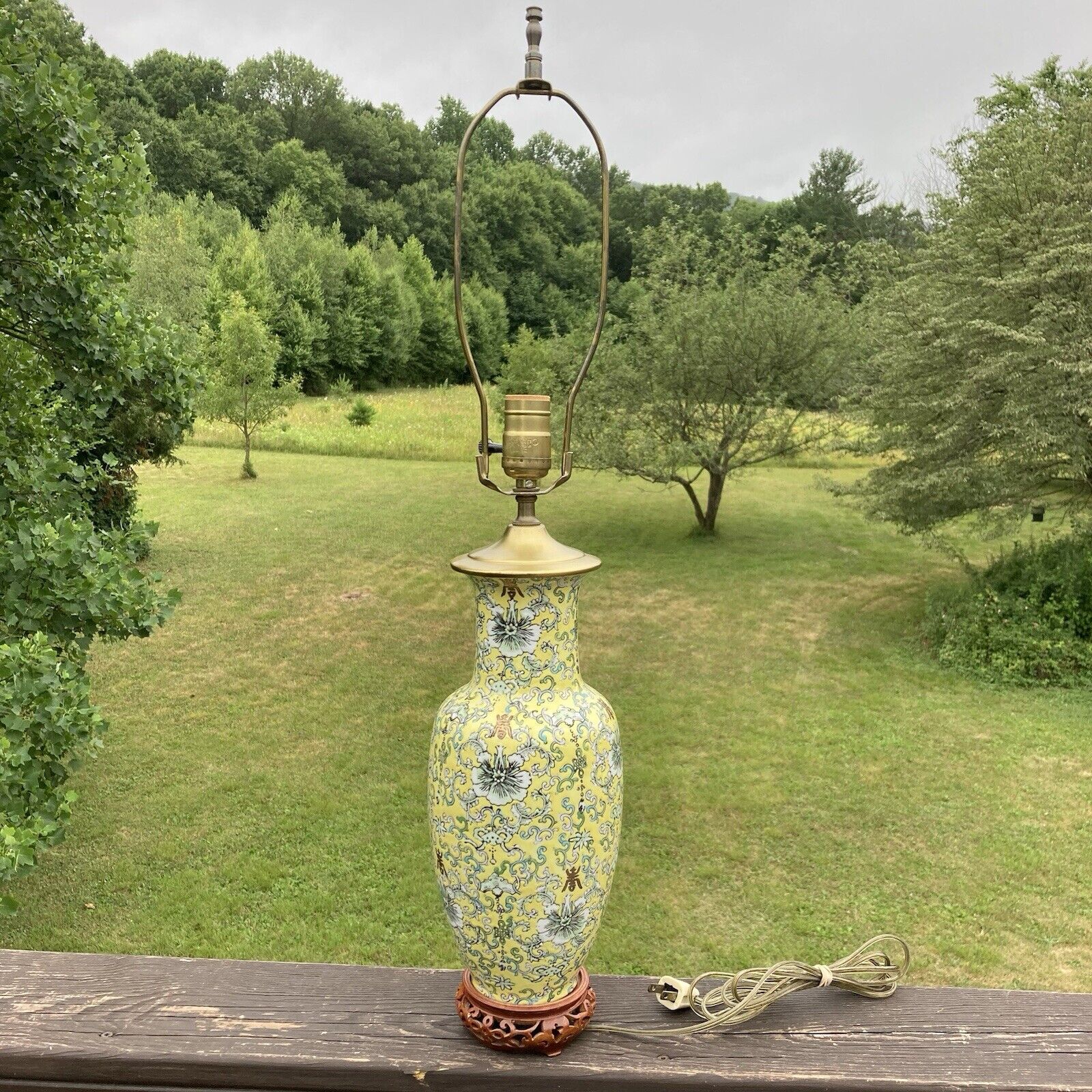 Vintage Cloisonné Vase Lamp On A Wooden Stand Brass Fixture Oriental Floral