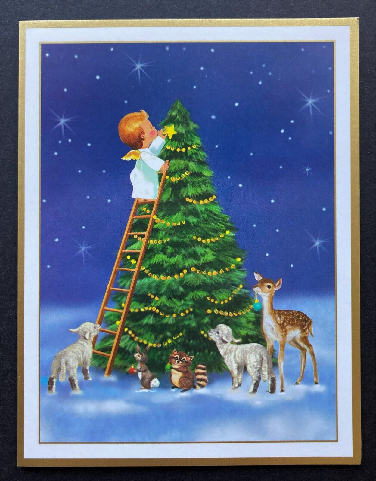 ONE Caspari Baby Angel Decorating Tree Christmas Card Deer Lamb Raccoon Squirrel