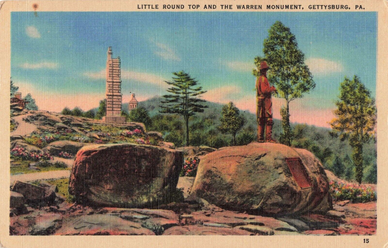 Gettysburg PA Pennsylvania, Little Round Top & Warren Monument, Vintage Postcard