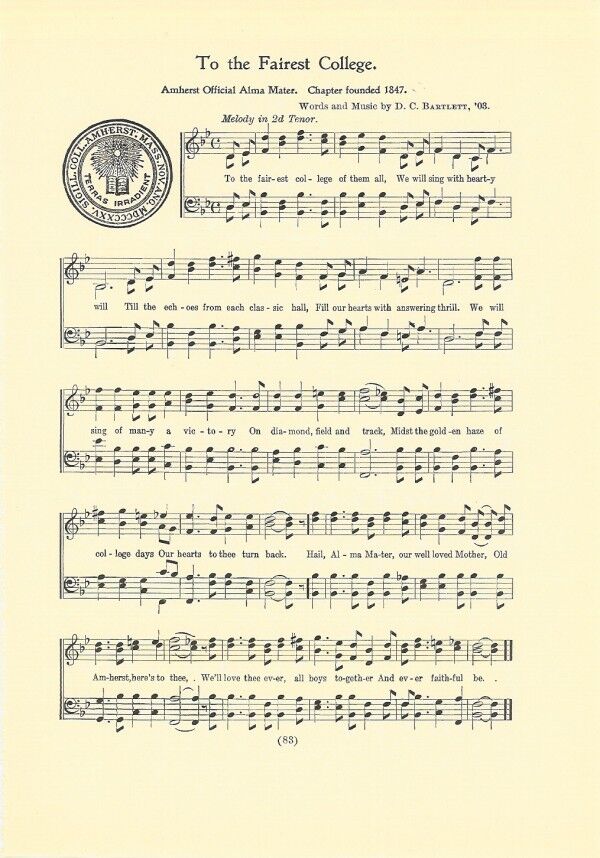 AMHERST COLLEGE Original Vintage Song Sheet with School Seal c 1937