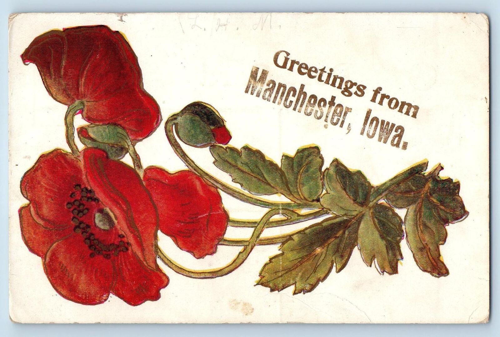 Manchester Iowa IA Postcard Greetings Embossed Flowers And Leaves c1910s Antique