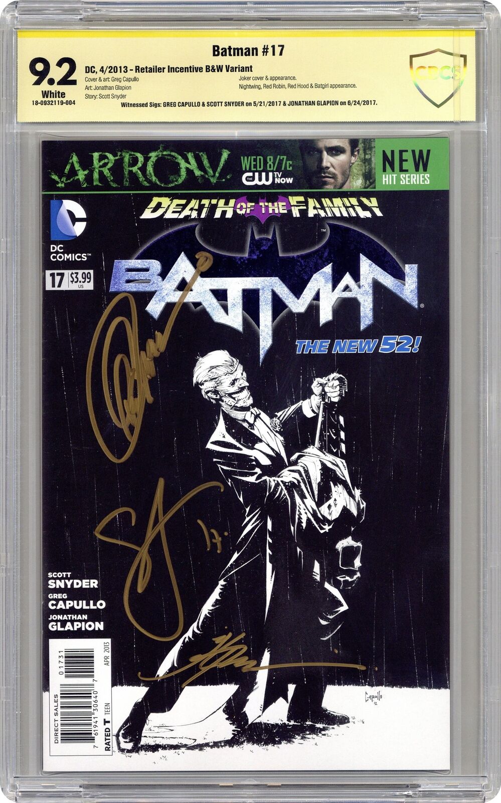Batman #17C Capullo B&W 1:100 Variant CBCS 9.2 SS Capullo/Snyder/Glapion 2013
