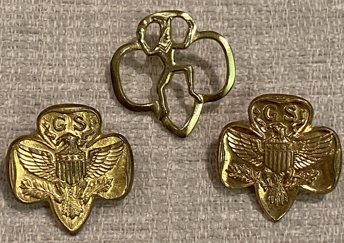 3 Vintage Estate 1960’s Girl Scouts Brownie Membership Brass Trefoil Pins