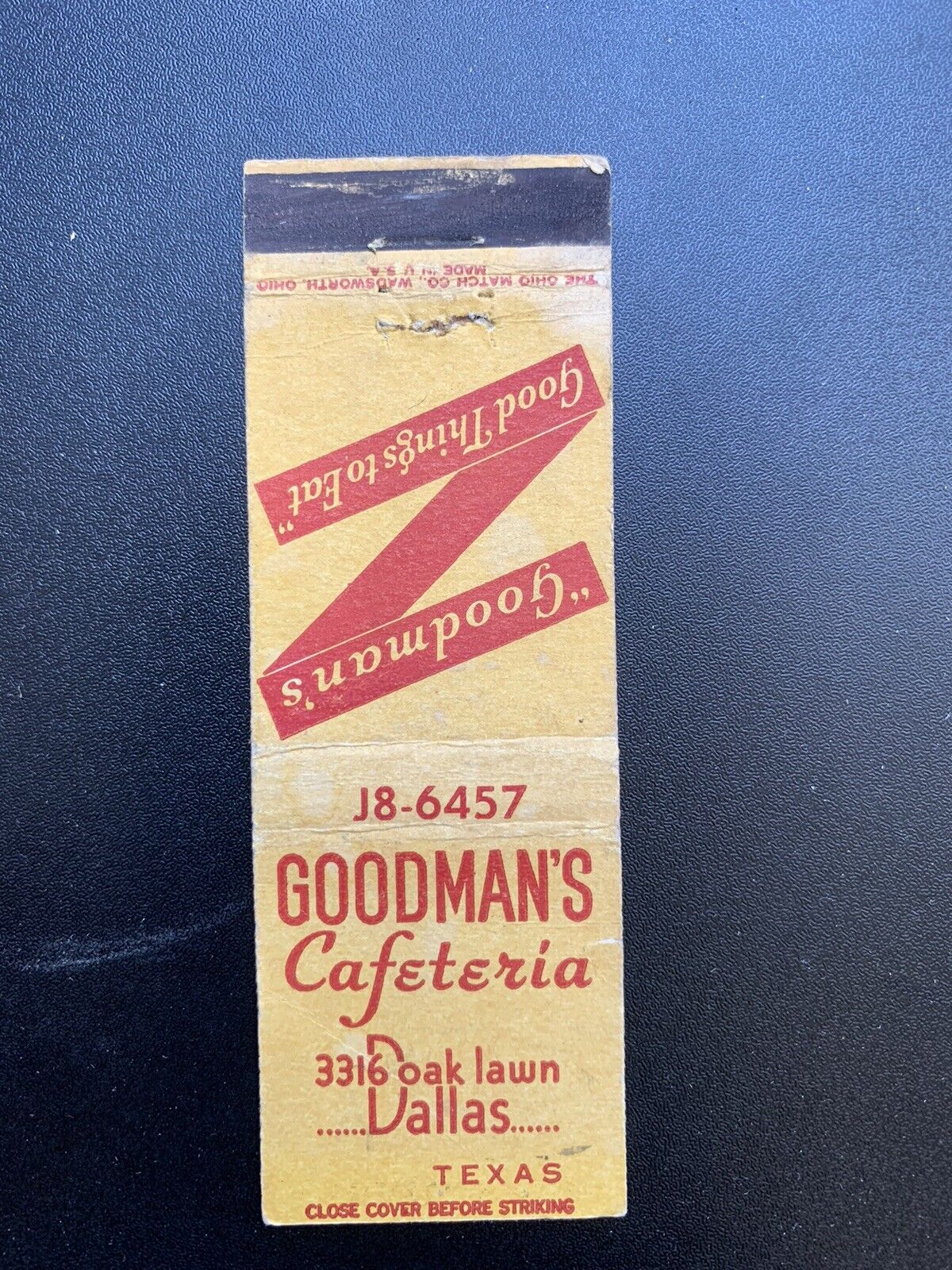 Vintage Texas Matchbook “Goodman’s Cafeteria” Dallas, TX