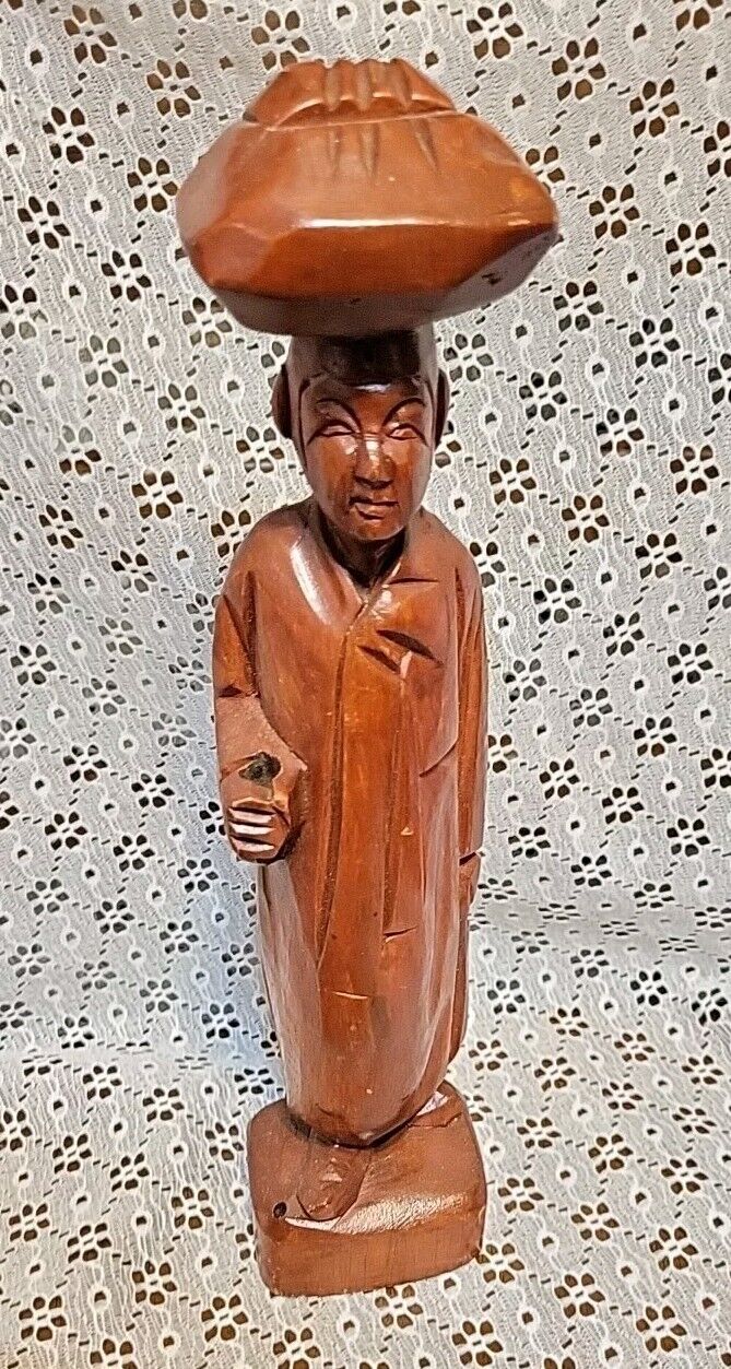 Hand Made Carved Wood Figure Statue Old Man Monk Basket On His Head- 11\