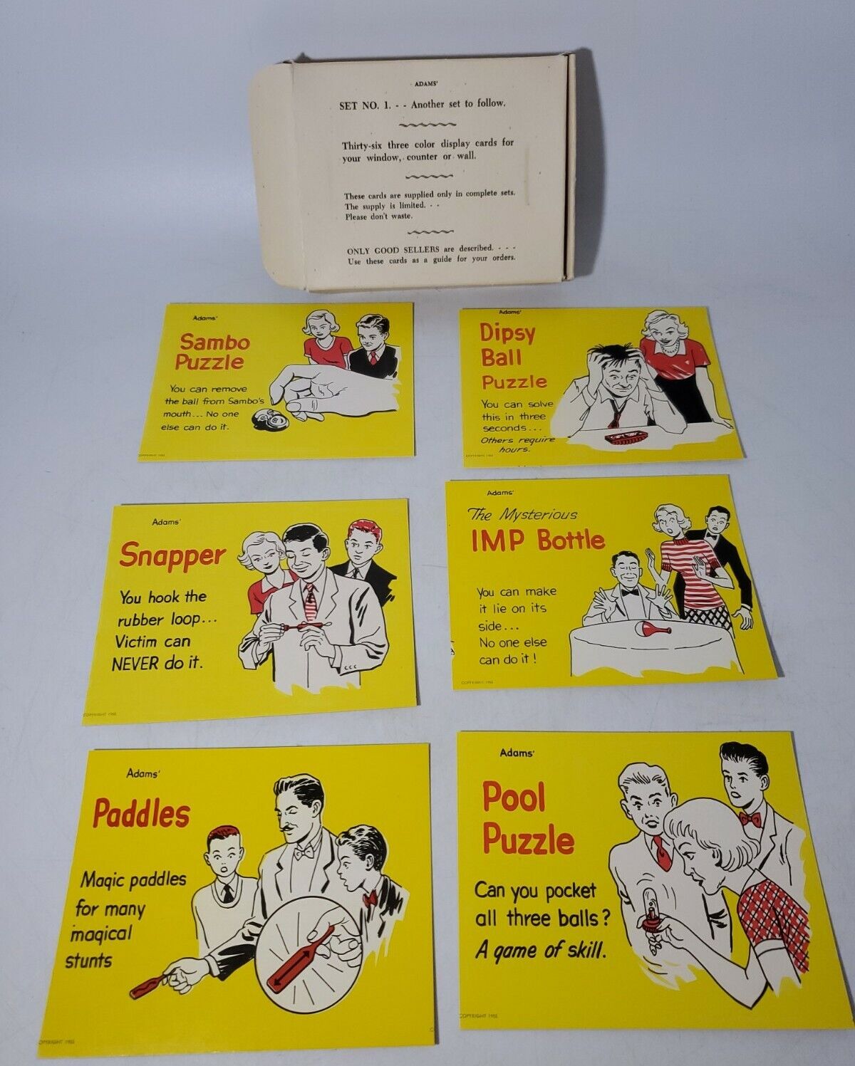 1950S ADAMS Display card Set gags tricks 6 cards with Original Box RARE NOS 