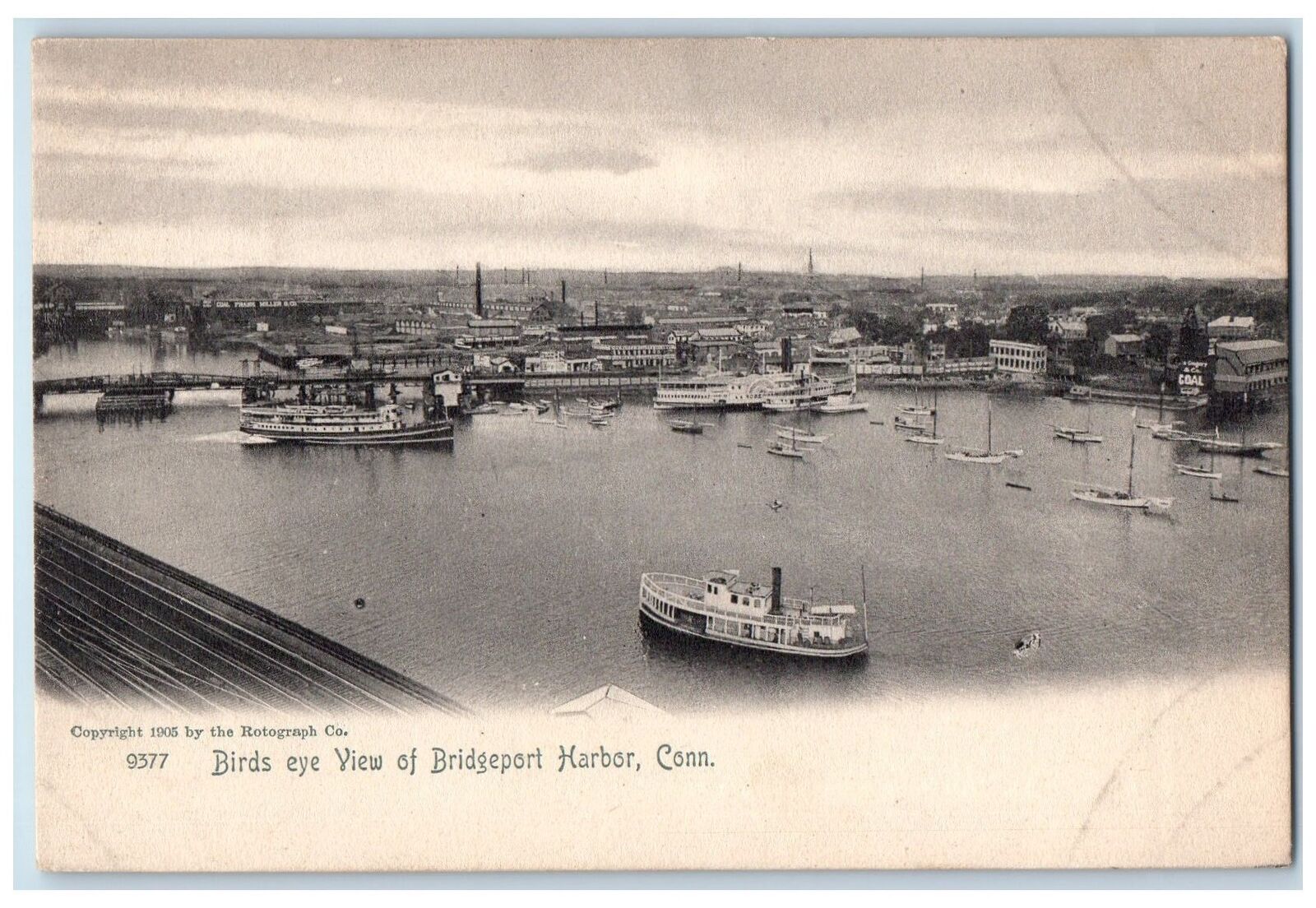 c1905 Bird\'s Eye View Harbor Passenger Ferry Sailboats Bridgeport CT Postcard