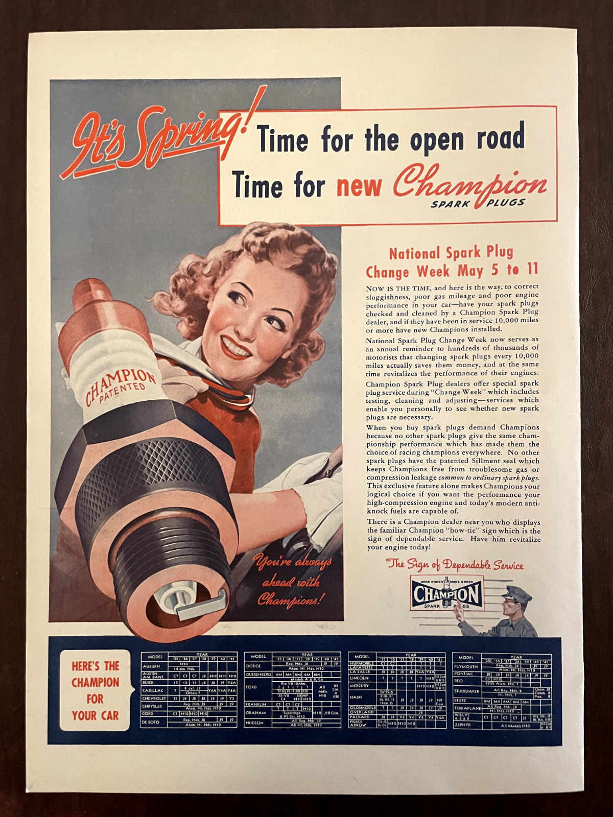 1941 CHAMPION Spark Plugs Vintage Print Ad Girl Spring Automobile Car