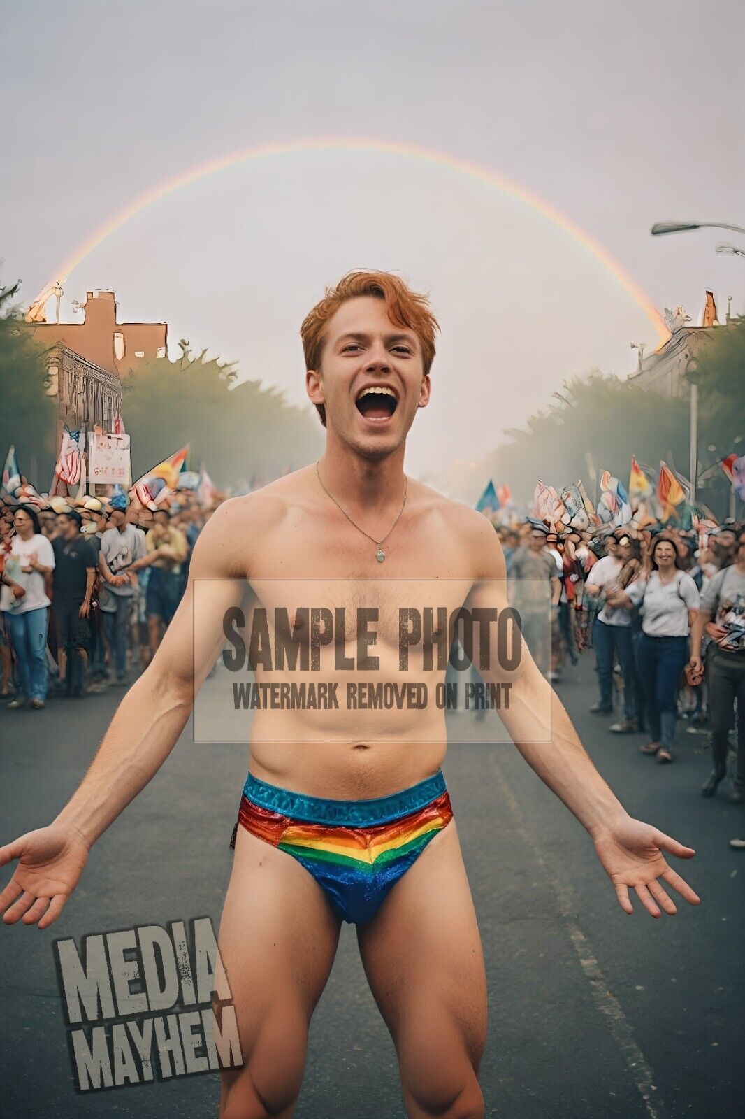 Man in Undies Under a Rainbow Pride Parade Print 4x6 Gay Interest Photo #429