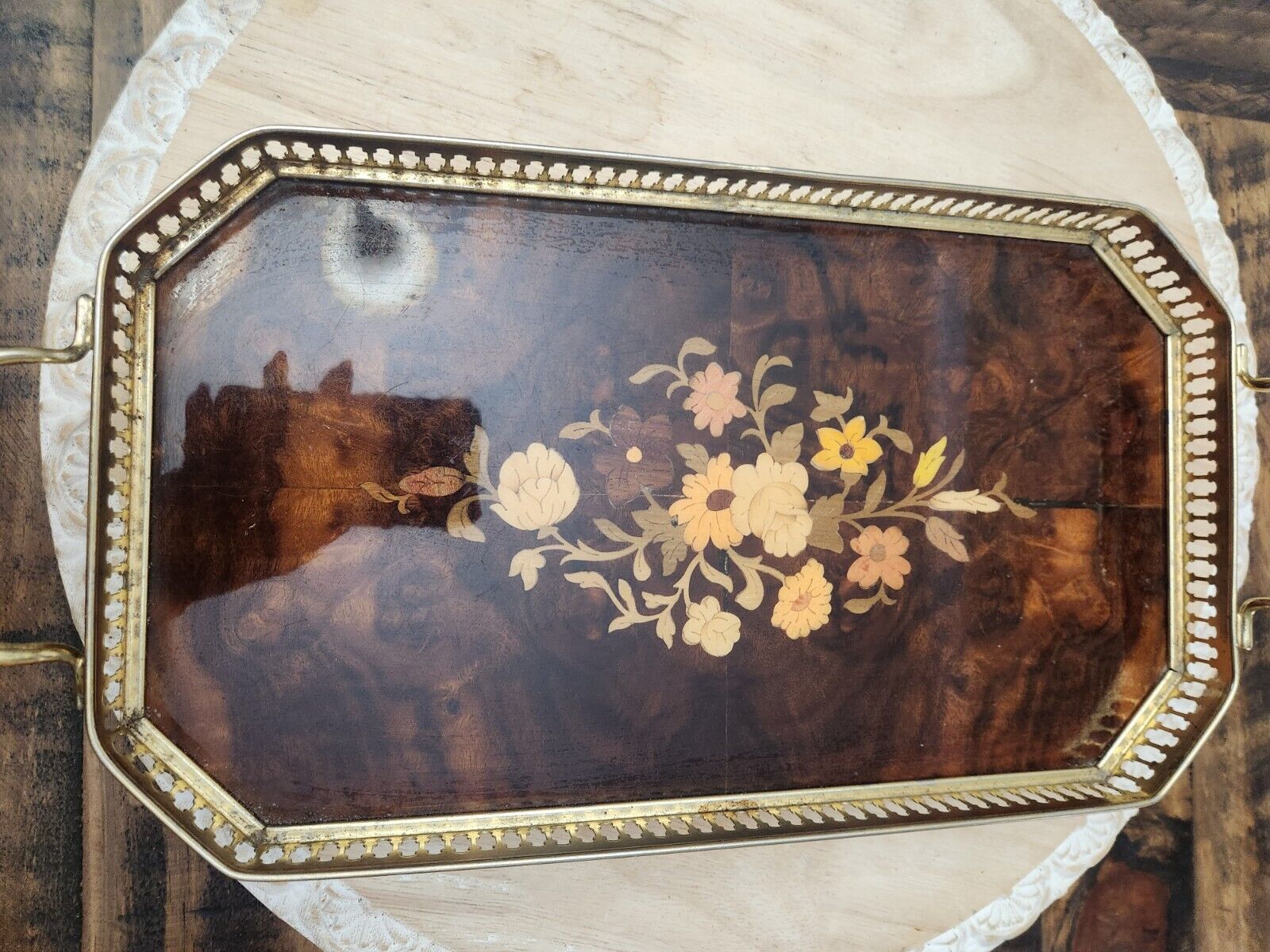 Vintage MCM Italian Marquetry Tray With Handles