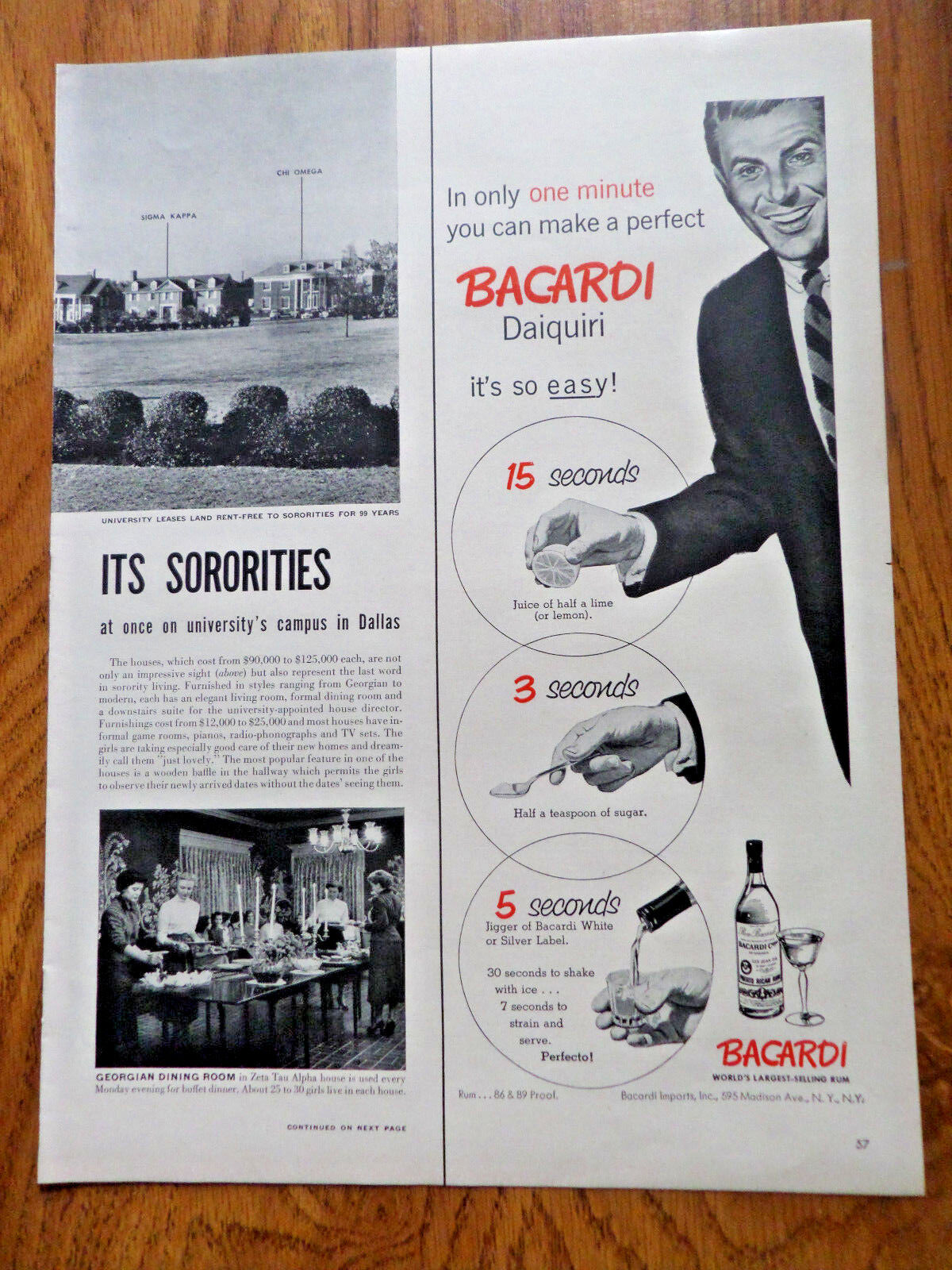 1952 Bacardi Puerto Rican Rum Ad  The One Minute Daiquiri