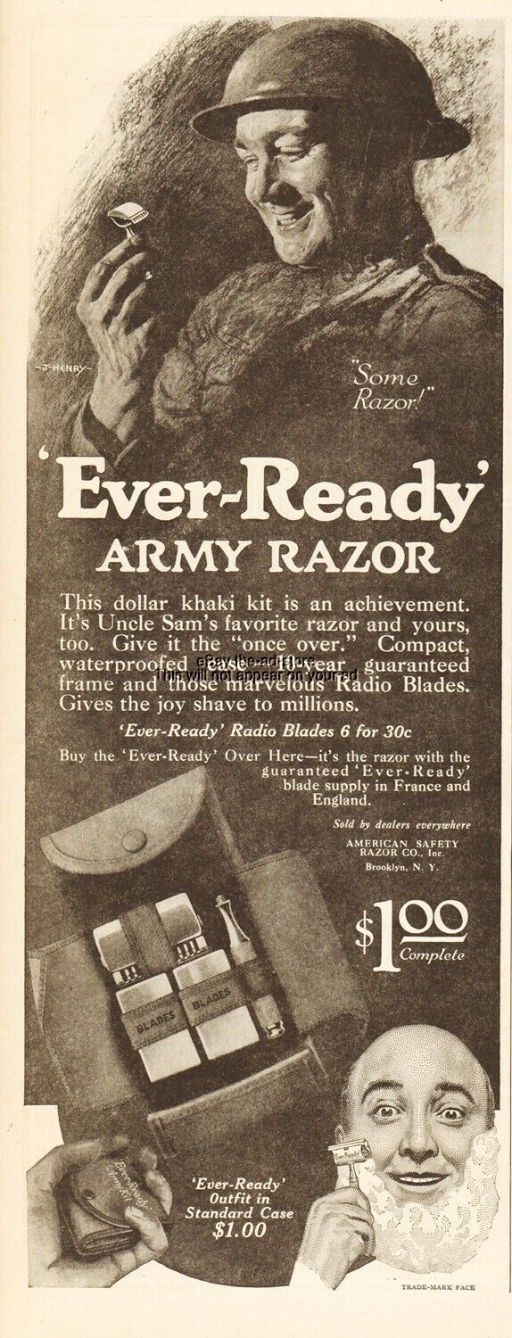 1918 Ever Ready WWI Khaki Army Shaving Outfit American Safety Razor Ad