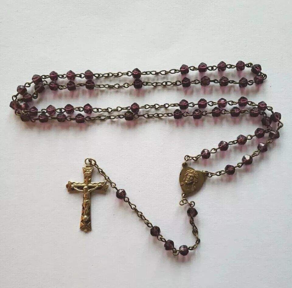 Vtg Amythyst Glass Rosary Beads 19 1/4 In Jesus Mary Medal Brass Crucifix 1 1/2