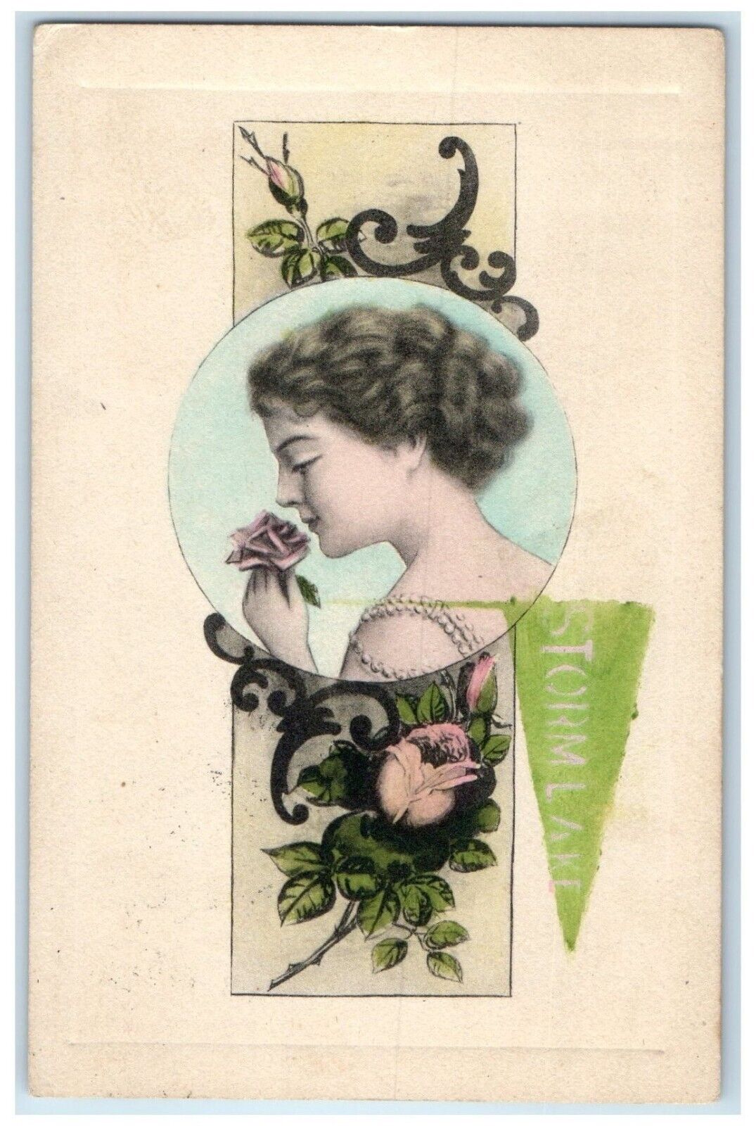 1911 Pretty Woman Flowers Art Nouveau Storm Lake RPO Posted Antique Postcard