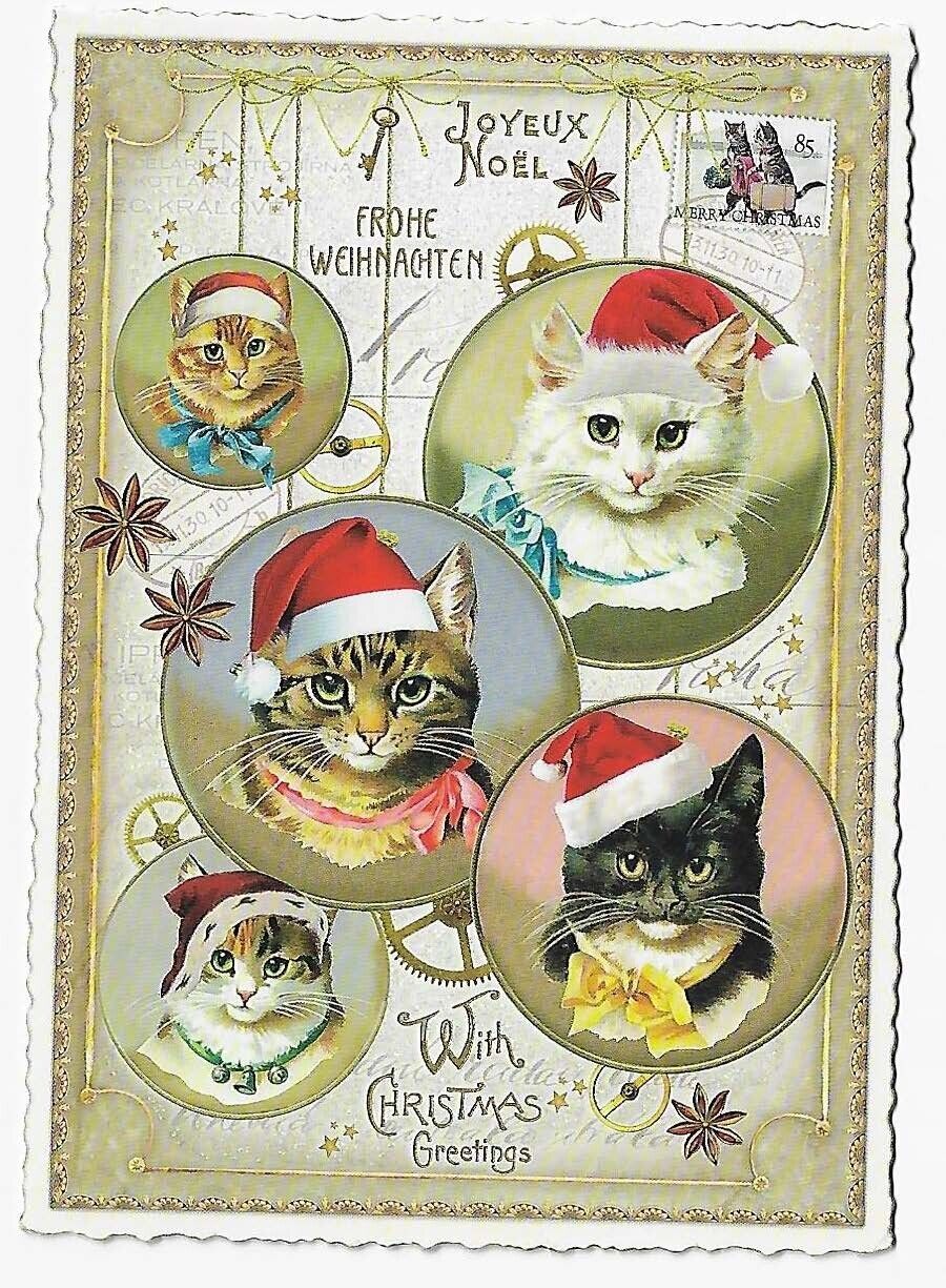 Postcard Glitter Tausendschoen Christmas Cats Santa Hat Ornaments Postcrossing