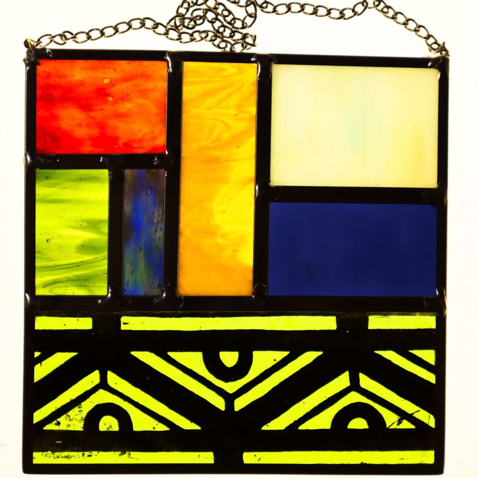 Stained Glass Window Panel Featuring 19th Century Glass Fragment Bright colors