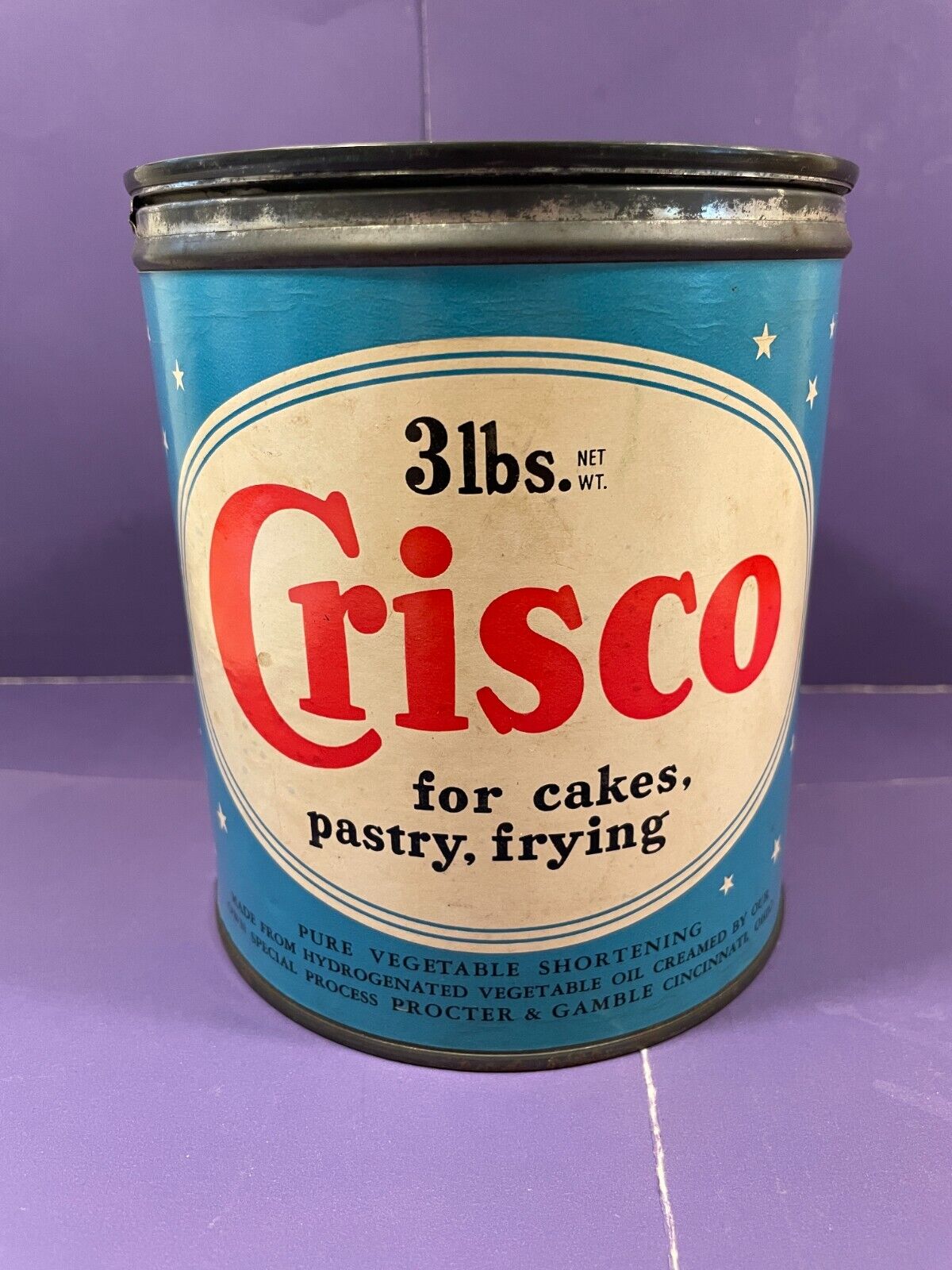 Vintage 3lb Crisco Can with Star Design Metal Can with Paper Label Red Letters