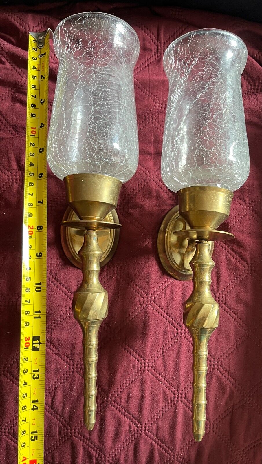VINTAGE PAIR SOLID BRASS GLASS HURRICANE WALL SCONCE CANDLE HOLDERS 15\