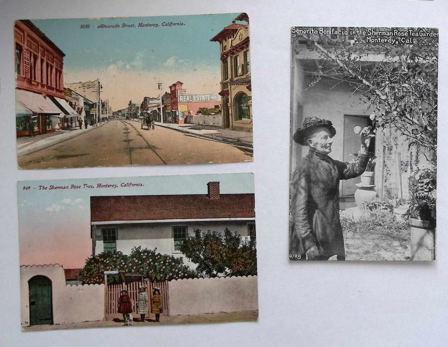 3 Antique Postcards Senorita Bonifacio in Sherman Tea Garden, Monterey, Ca +