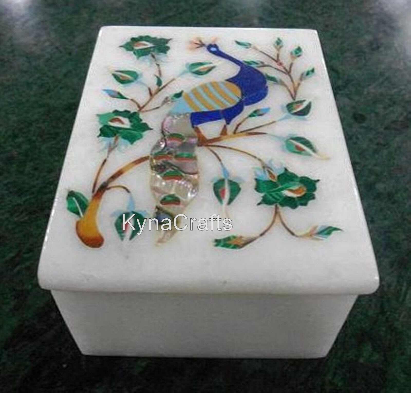 6 x 4 Inches White Marble Jewelry Box Peacock Pattern Inlay Work Decorative Box