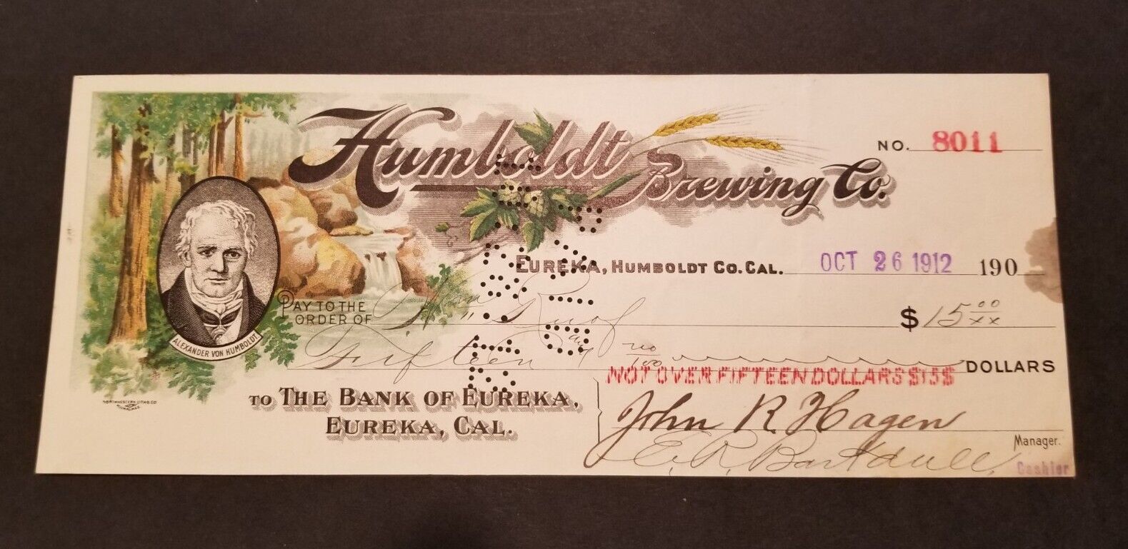 PRE PRO 1912 HUMBOLDT BREWING CO.  GRAPHIC BANK NOTE. EUREKA, CAL.