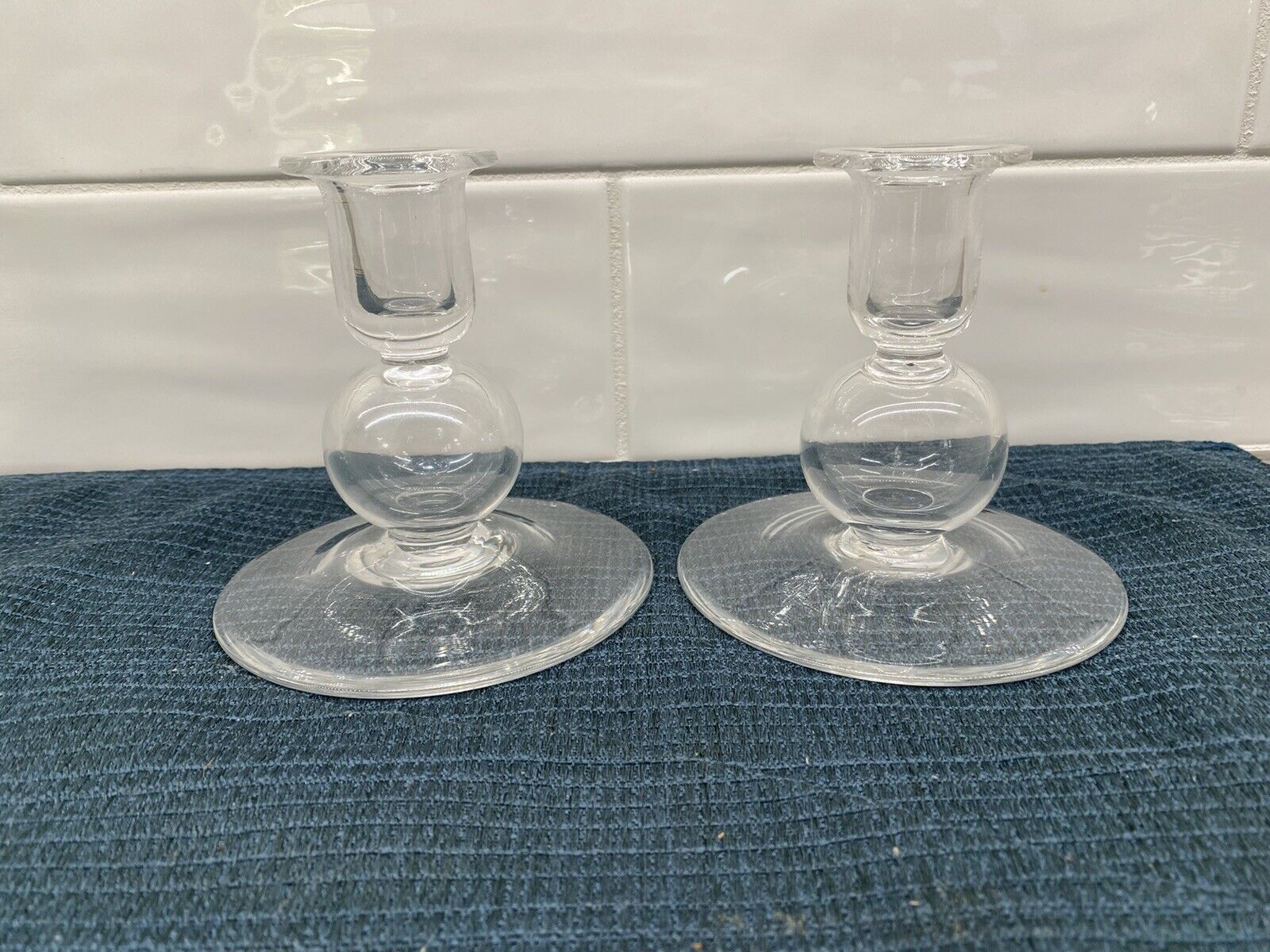 VINTAGE STEUBEN GLASS SIGNED 4.5 CRYSTAL BUBBLE CANDLESTICK HOLDER (Pair) 