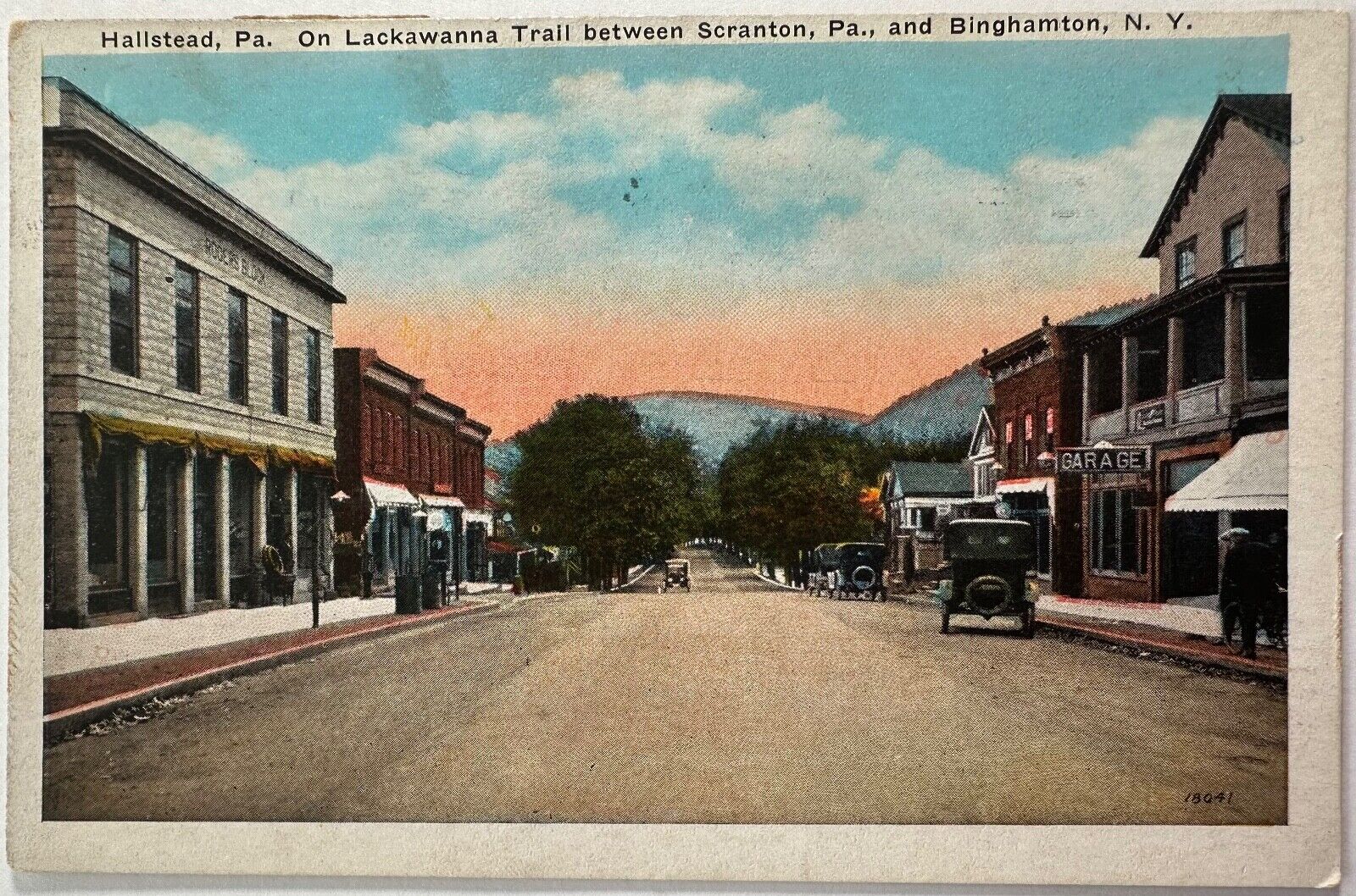 Main Street Hallstead Pennsylvania Lackawanna Trail Garage Postcard c1920s