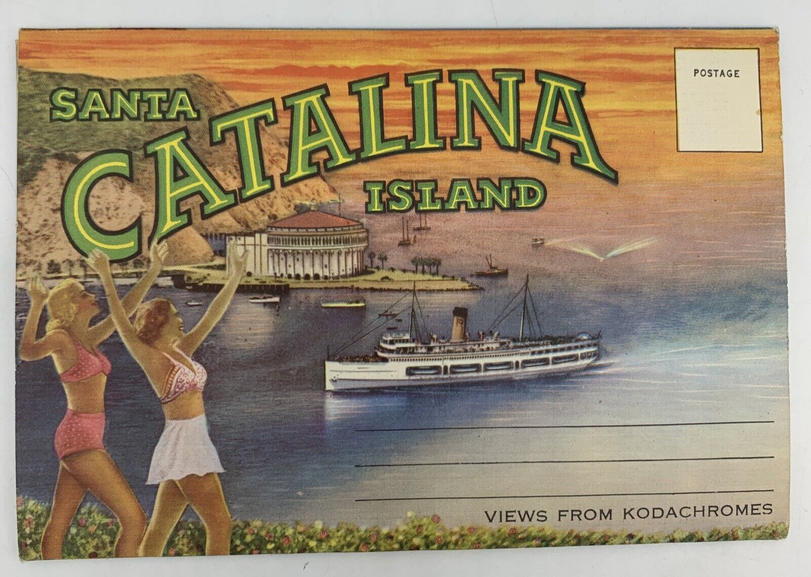 Vintage Linen Santa Catalina Folio Picture Mailer 1940\'s Unused 