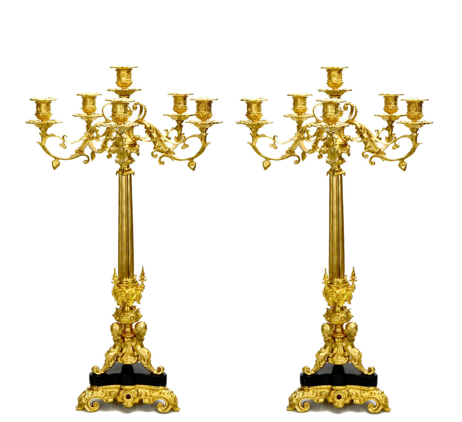 Pair of 6 Light Gold Plated Cherub Marble Empire Bronze Candelabra