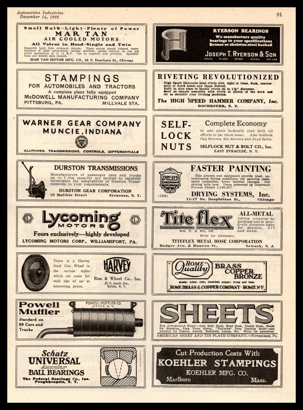 1922 Durston Gear Company Syracuse New York And Selflock Nut & Bolt Co. Print Ad