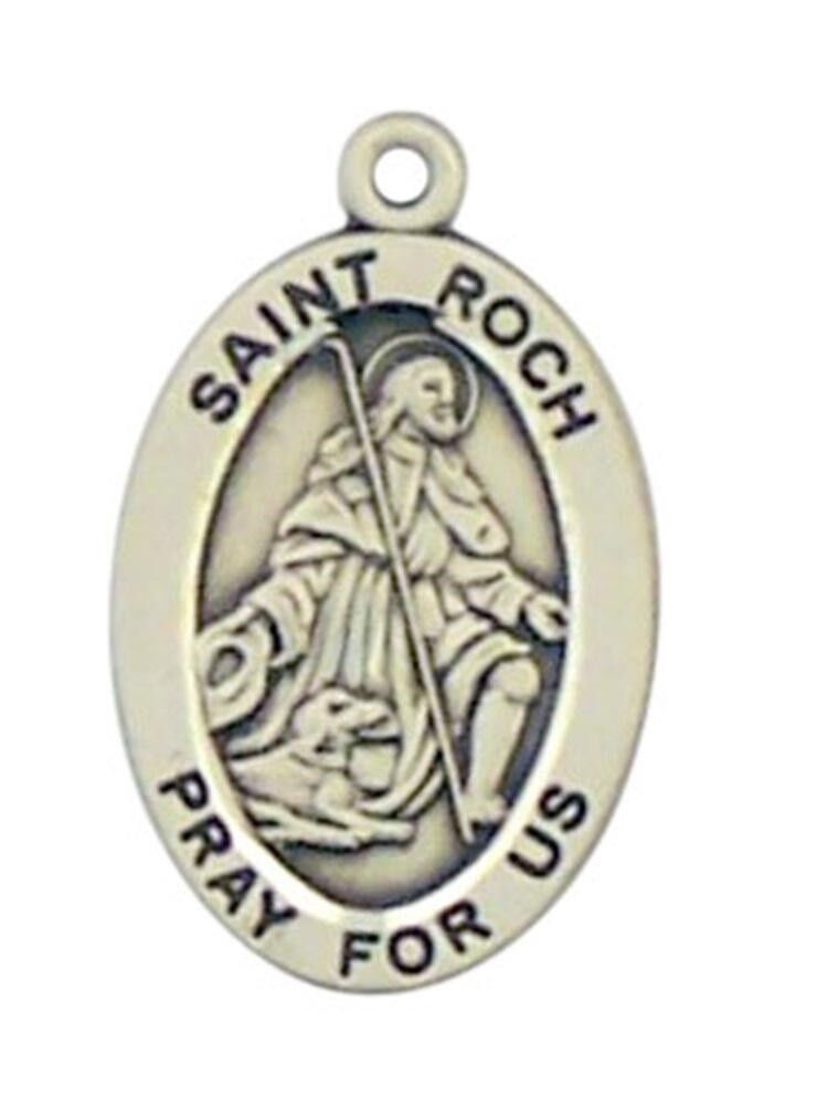 Patron Saint St Roch 7/8 Inch Oval Sterling Silver Medal on Rhodium Plated Chain