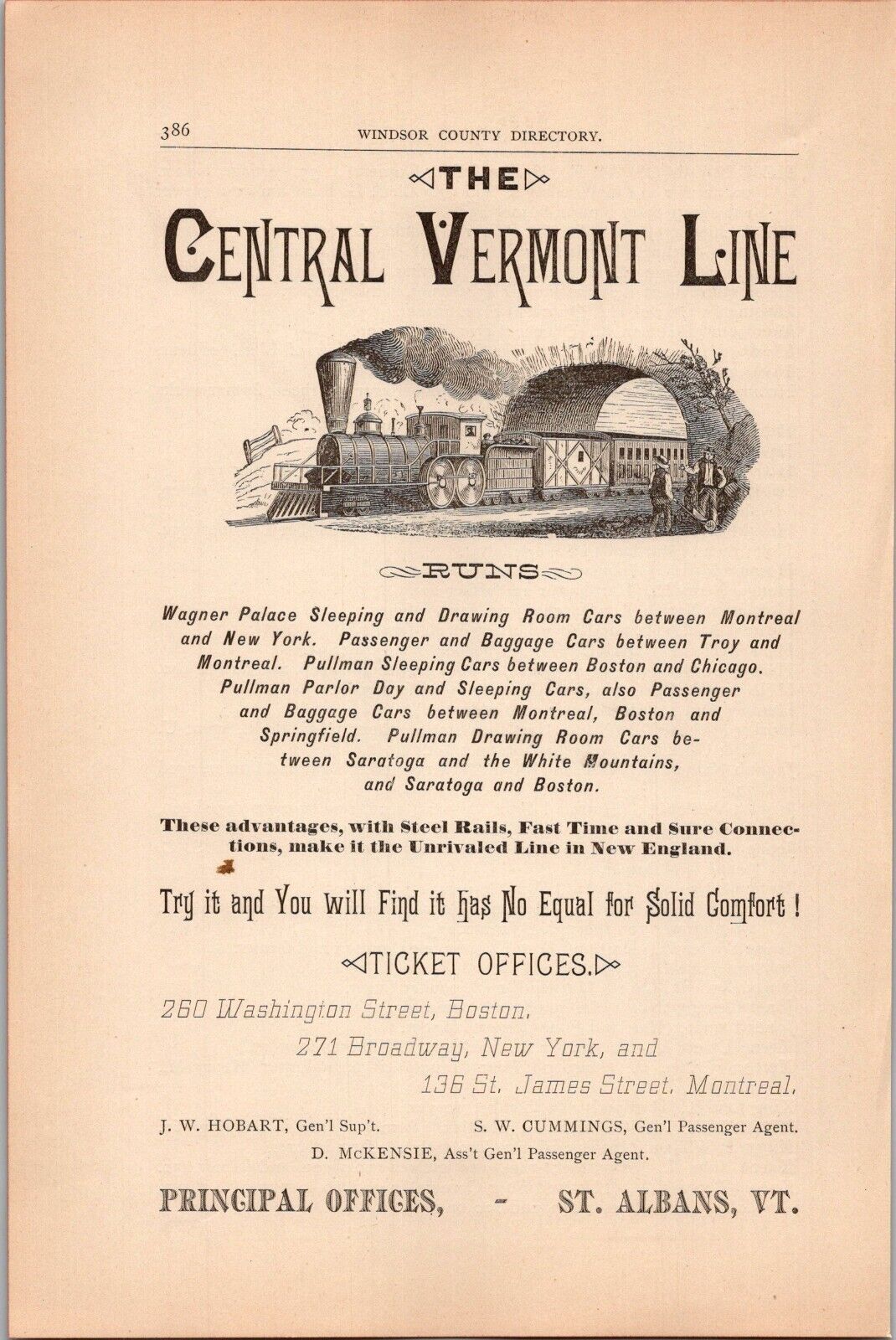 1883 The Central Vermont Line Sleeping & Pullman Drawing Room Cars  ST ALBANS VT