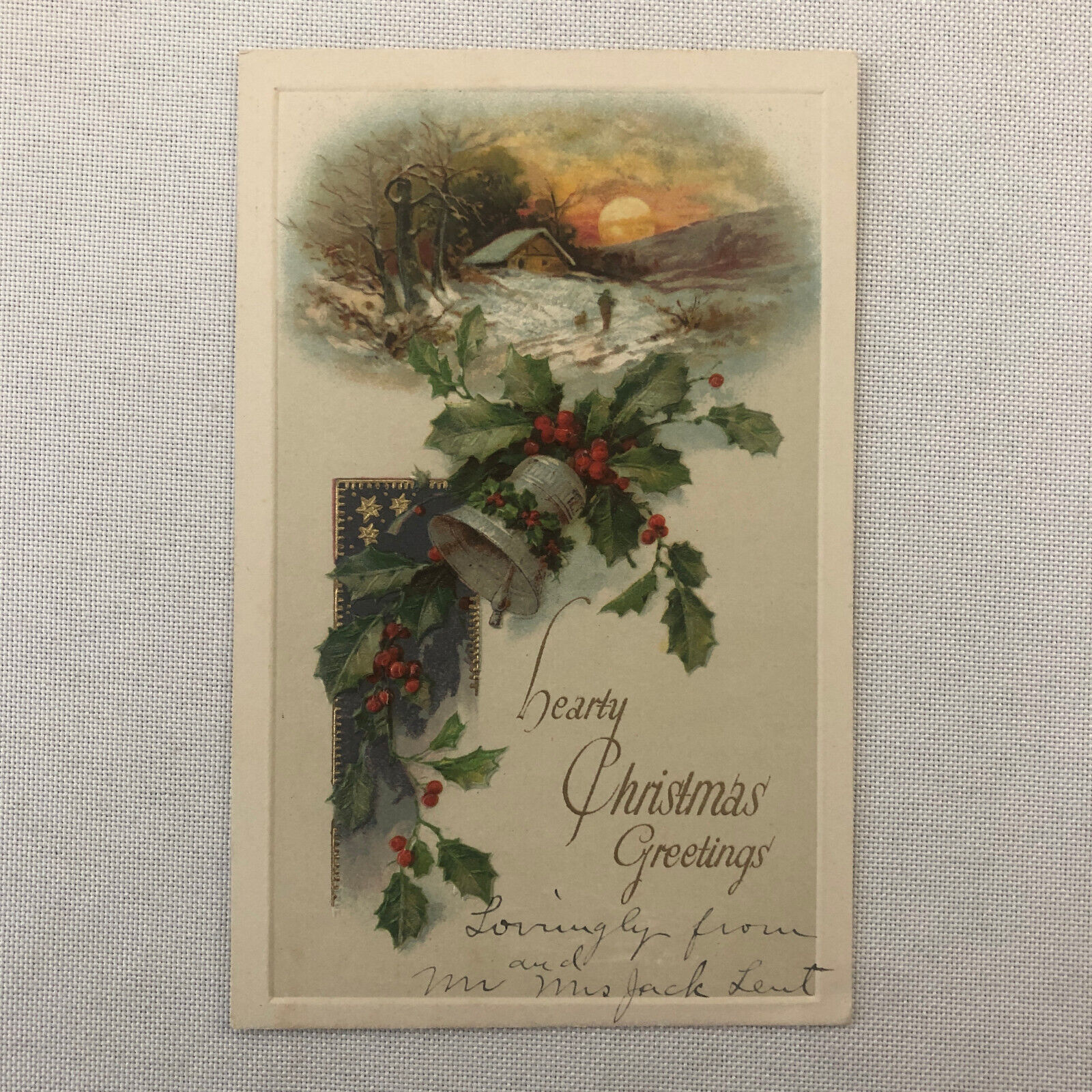 Antique Christmas Postcard Post Card Vintage Embossed Bell