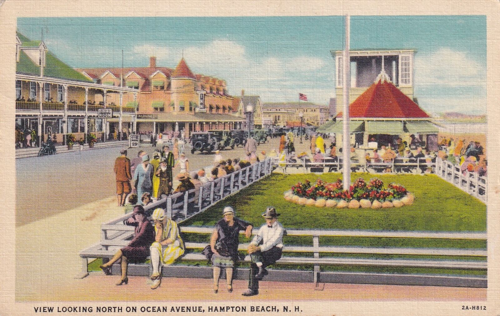 Hampton Beach New Hampshire NH Postcard 1937 View Looking North on Ocean Avenue