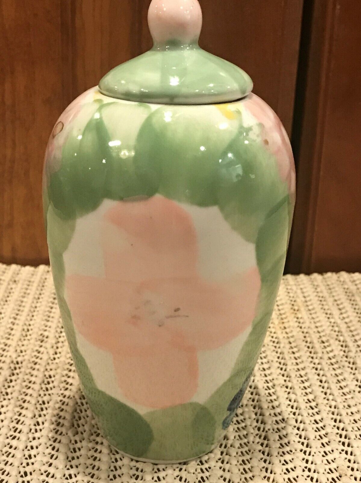 Quality Vintage  Urn has Lid High Glaze Porcelain HP Pink Green Blue Flowers 6\
