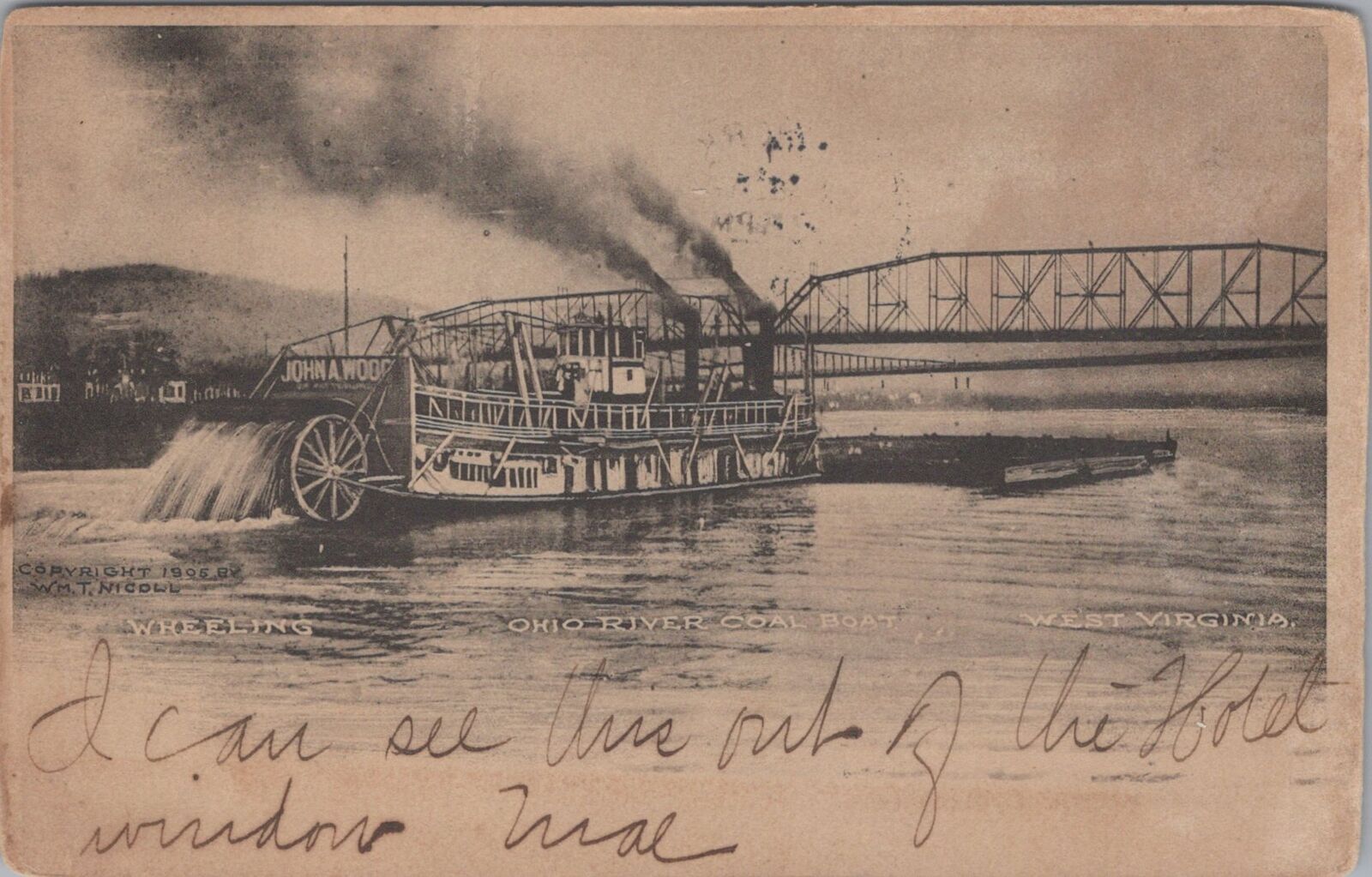 Ohio River Coal Boat, Wheeling West Virginia 1905 PM Postcard