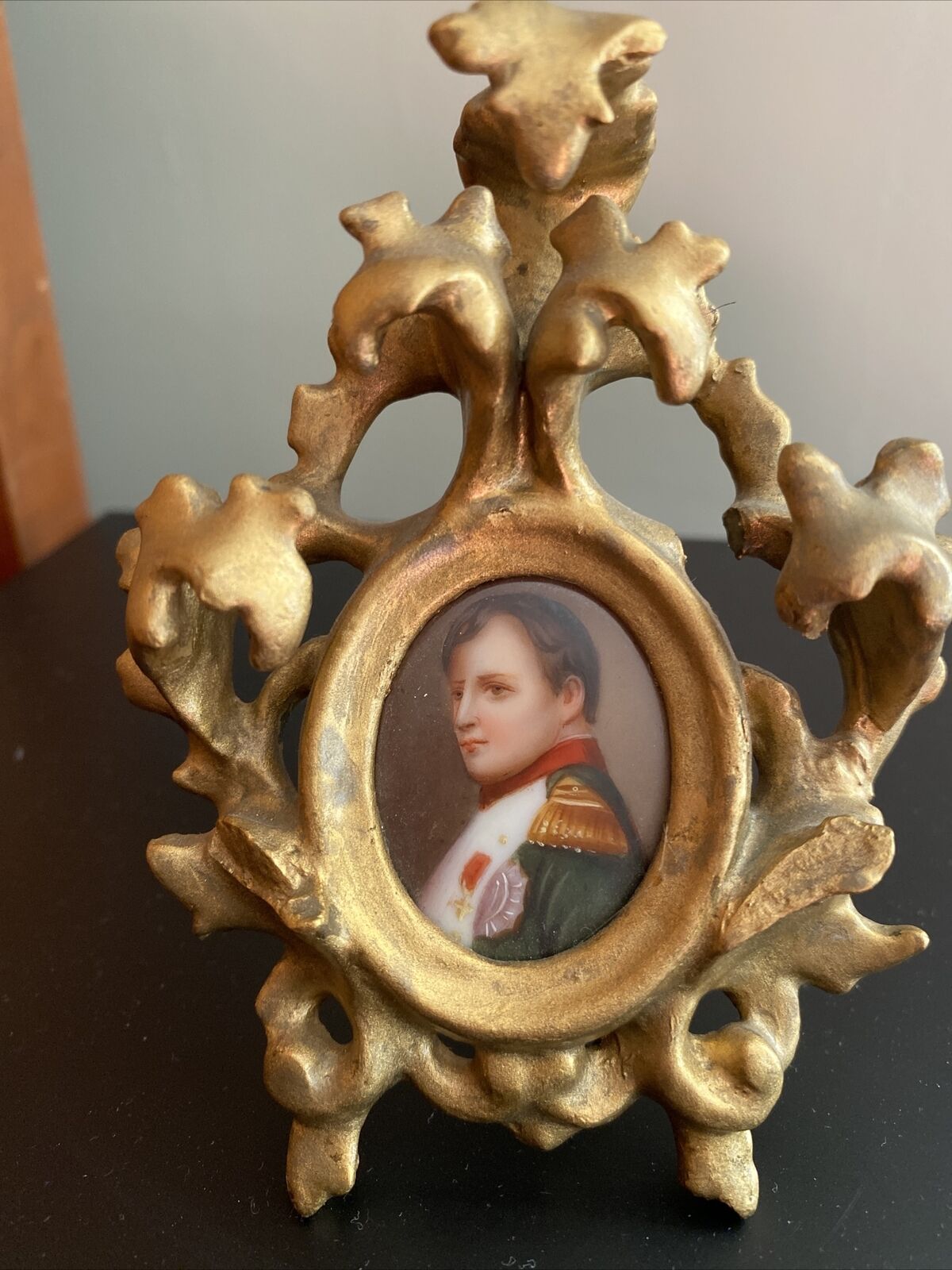 Antique Hand Painted Porcelain Portrait of Napoleon In Ornate  Gilt Frame/stand