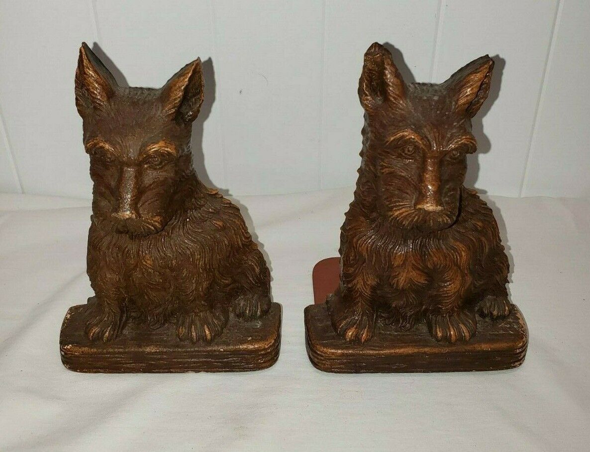 Pair Set of Vintage Orna Wood Book Ends Bookends Scotty Dogs Brown 6\