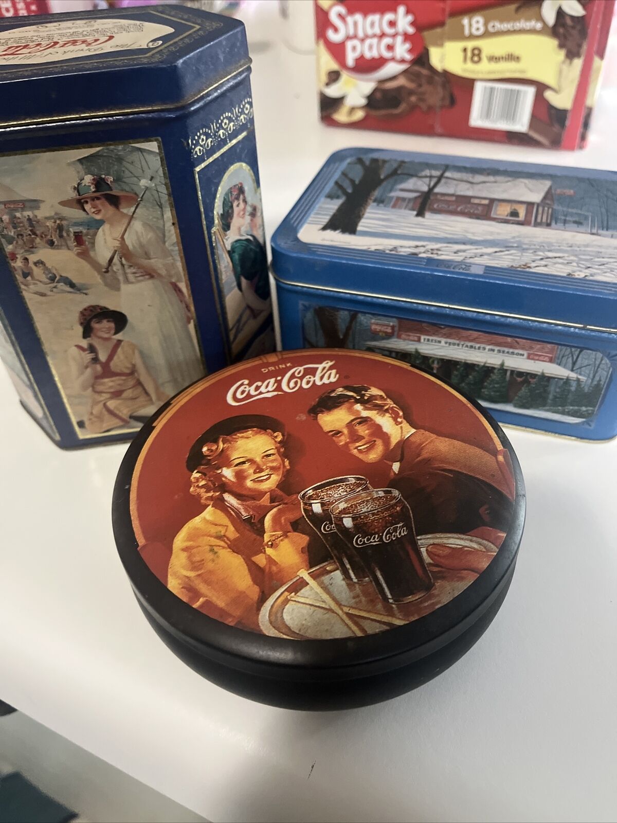 1988 Black Coca Cola Round Tin Pic Young Couple Serving Tray w 2 Glasses of Coke
