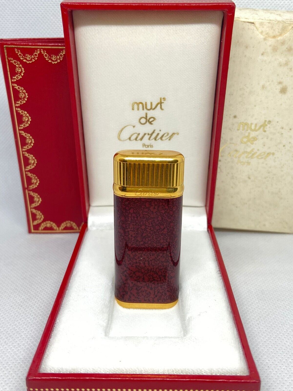 Vintage Must Cartier Red Lacquer Gold Plating Lighter Untested With Box & Papers